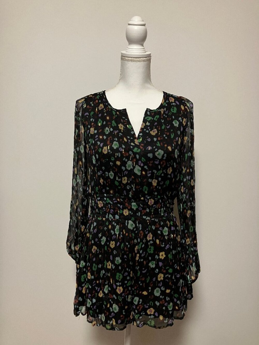 Anthropologie The Long-Sleeve Somerset Romper Floral Metallic Smocked Waist S